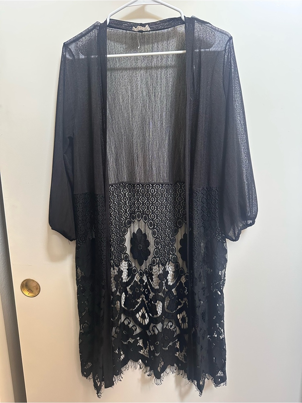 Black Lace Sheer Duster Knee Length Kimono Cover Up with scalloped hem - Picture 3 of 5